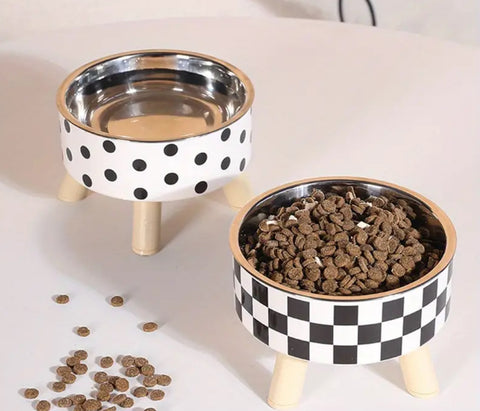 Checked Raised Cat Bowl